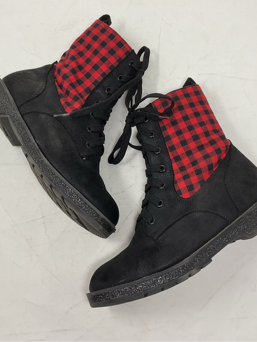 MIA Black Lace-Up Boots with Red Plaid Cuff